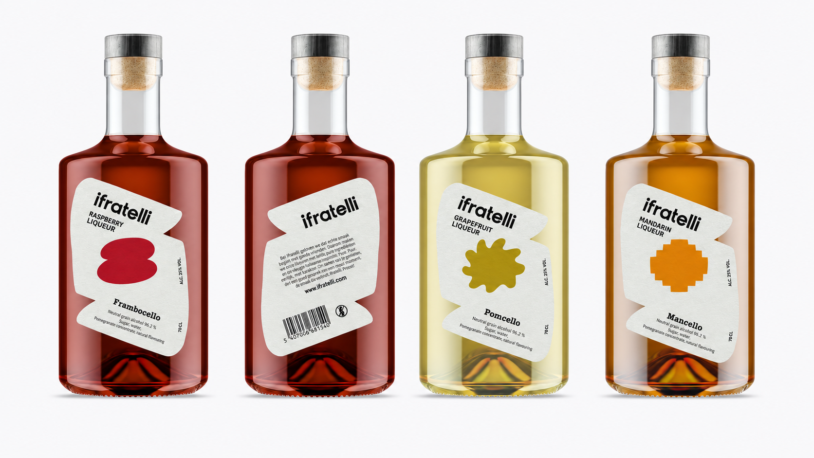 Scherpe productfoto van de Ifratelli-flessen met volledige etiketteksten en correct gespelde liqueur-benamingen